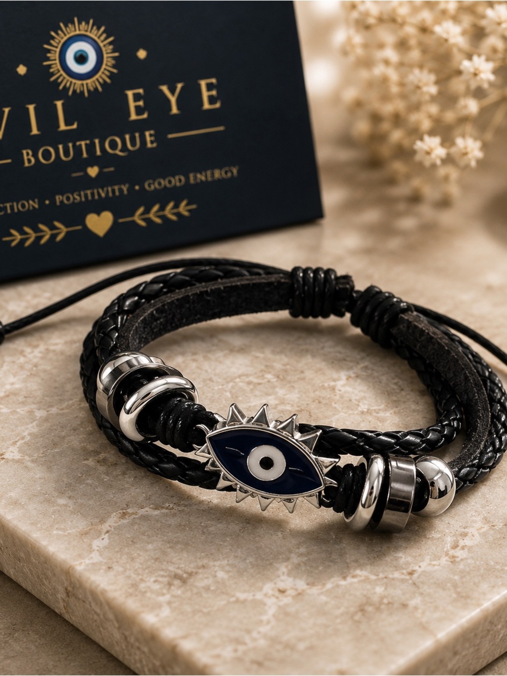 🧿Evil Eye Boutique Black Leather Layered Bracelet with Navy Eye Charm🧿
